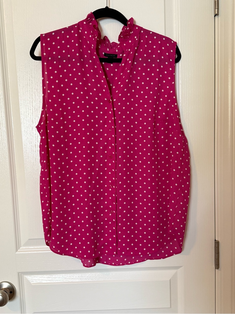 Ann Taylor Hot Pink Polka Dot Ruffle Neck Sleeveless Top